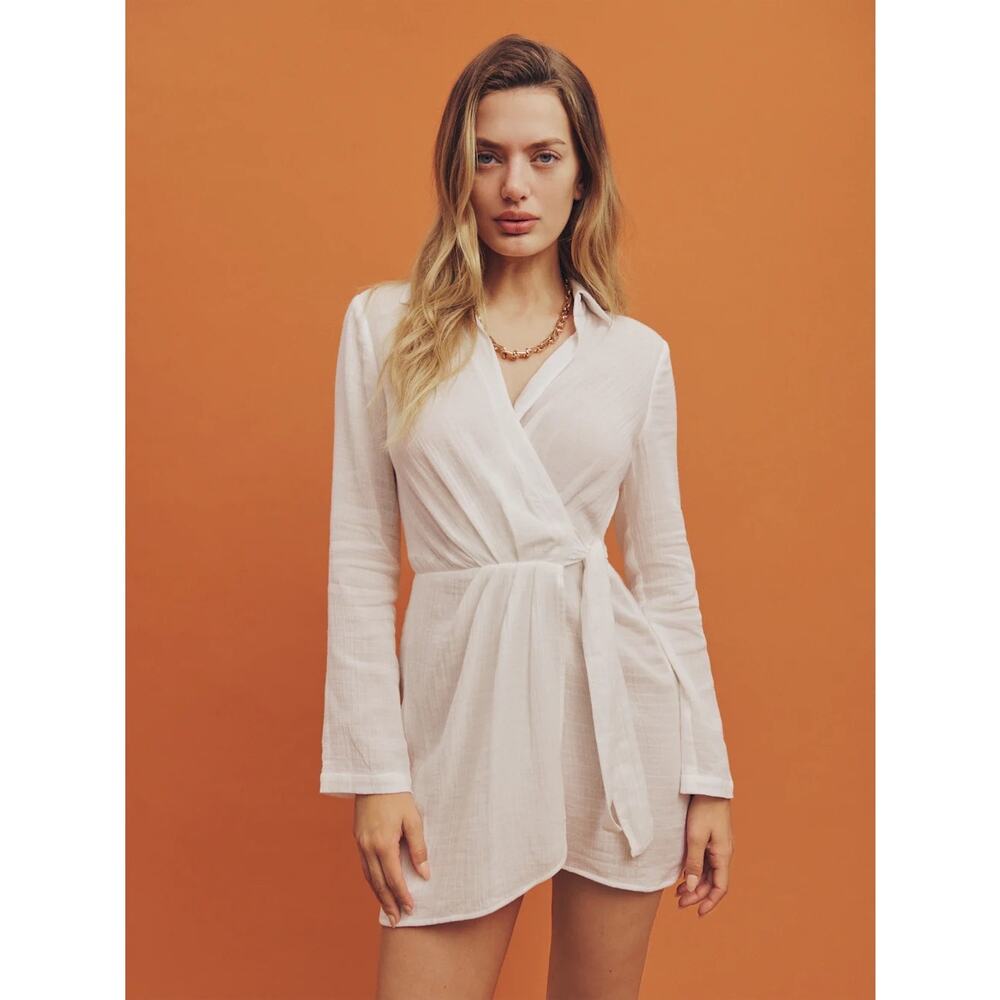 Reformation Sonia White Wrap Mini Cotton Shirt Dress 12